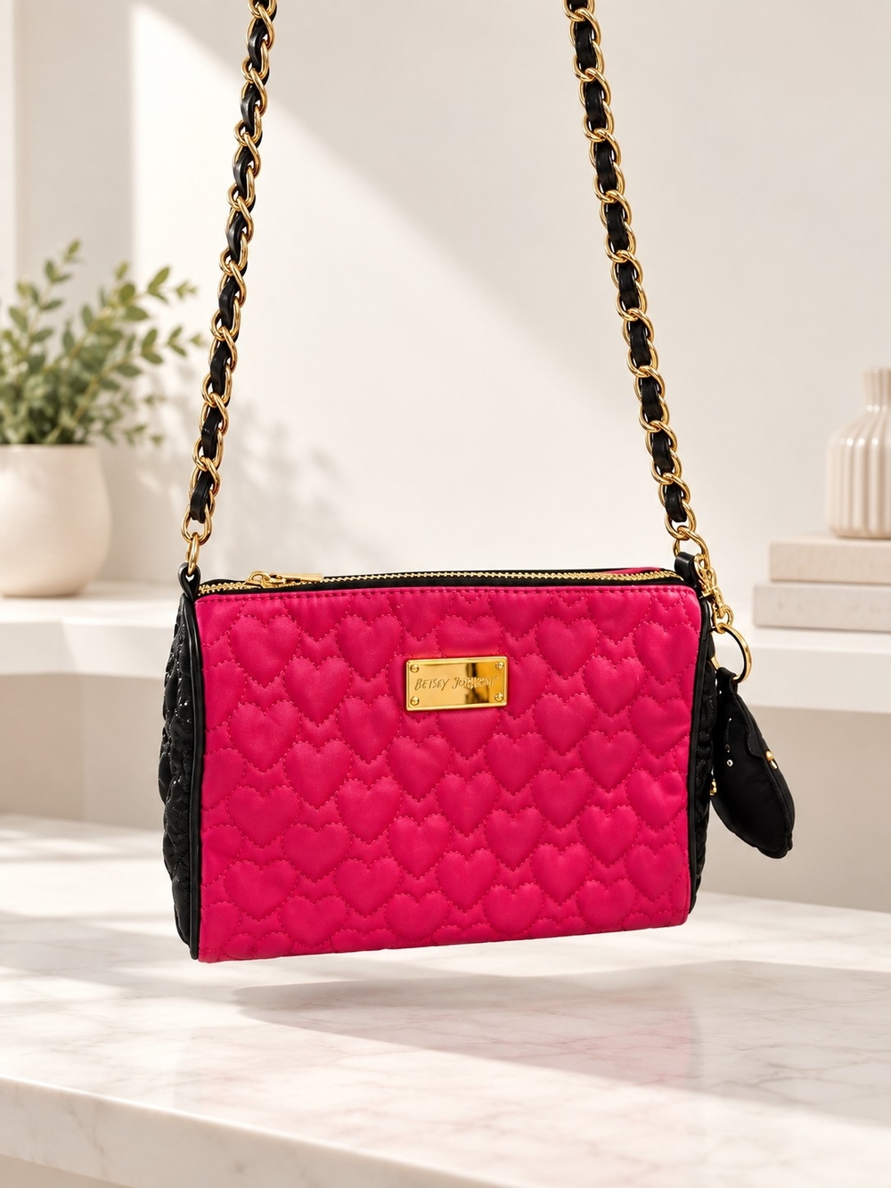 Betsey Johnson Fuchsia Heart Quilted Crossbody Bag
